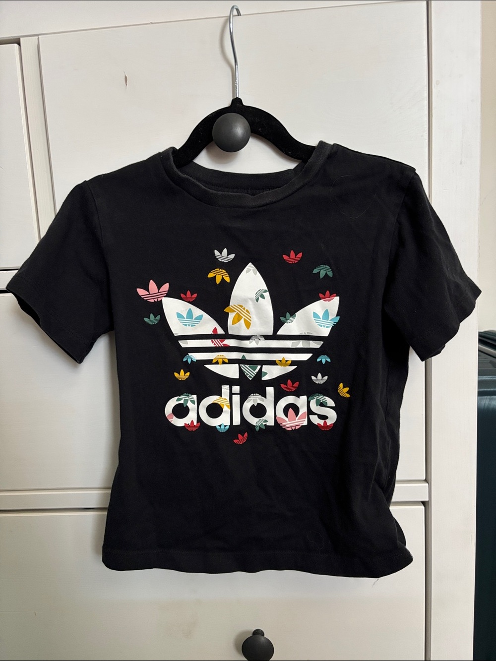 adidas Black Tee with Multicolor Floral Trefoil